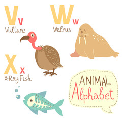 Cute zoo alphabet in vector. V, w, x letters.