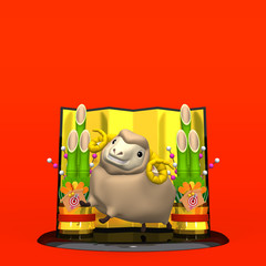 Hopping Sheep And Pair Of Kadomatsu On Red Text Space