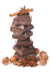 chocolate bars with its ingredients isolated on white background