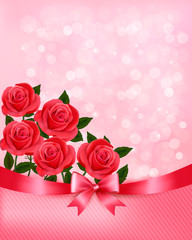 Holiday background with bouquet of pink flowers with bow and rib