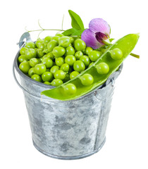 Pod of green peas isolated on white background.