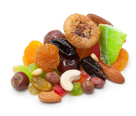 Mix dried fruits and nuts isolated on white background