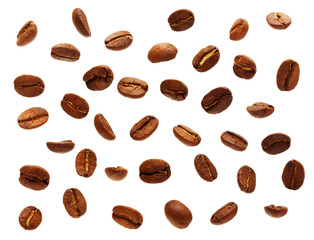 Falling black coffee grain, bean on white background