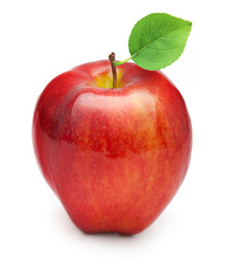 Naklejka na ściany i meble Red apple fruit with leaf on white background.