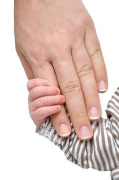 Little boy holding mom's hand isolated on white background
