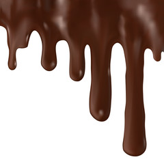 Flowing hot chocolate dripping, isolated on white background.