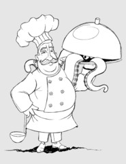 Chef with signature dishes of tentacles. Freehand drawing