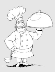 Chef with a signature dishes. Freehand drawing