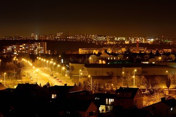 View on a night city buildings in Prague, Czech Republic.