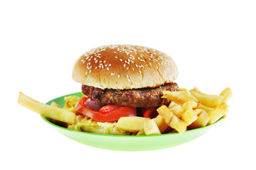 Hamburger in the plate isolated on white background