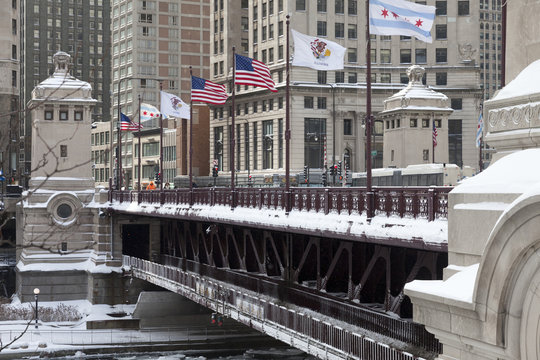 Chicago Michigan Avenue Bridge or DuSable Bridge in winter