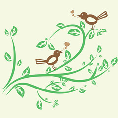 two birds are singing on a tree branch