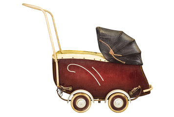 Retro baby stroller isolated on white