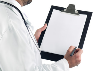 Close-up of a doctor with clipboard isolated on white background