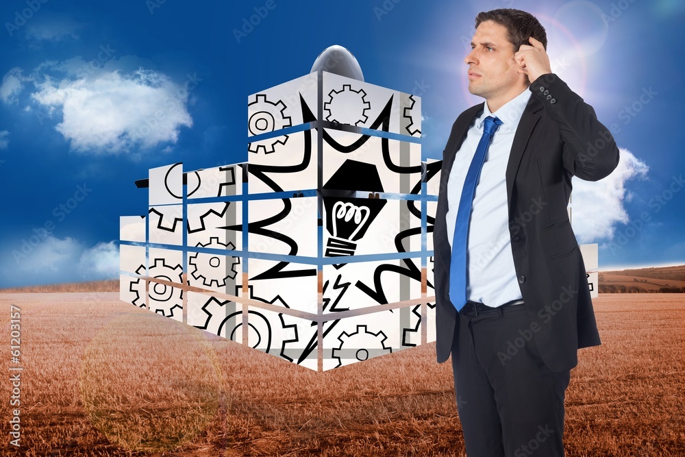 Poster composite image of thinking businessman scratching head
