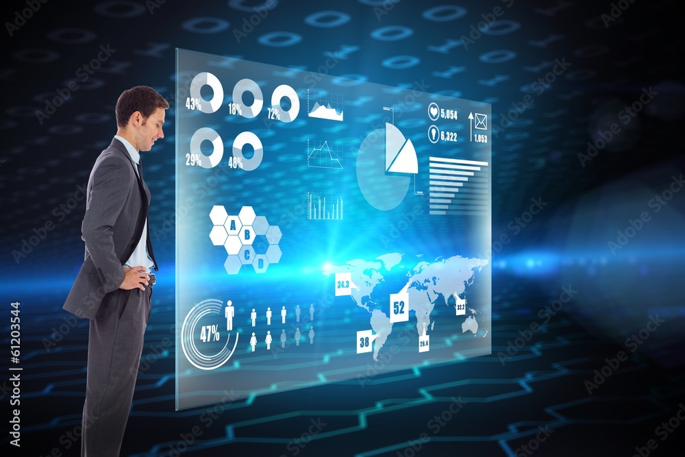 Poster Composite image of smiling businessman with hands on hips