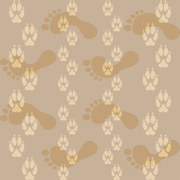 Seamless pattern ways dog paw prints and legs of a man.