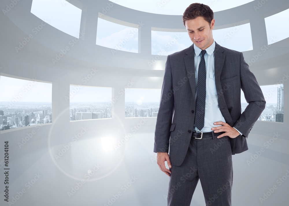 Poster composite image of smiling businessman with hand on hip