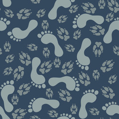 Seamless pattern of dog paw prints and legs of a man.