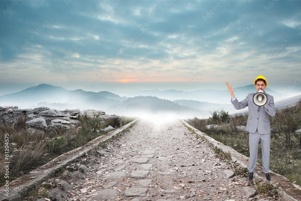 Poster Composite image of architect with hard hat shouting with a