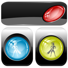 Ethnic little man with trumpet. Vector internet buttons.