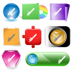 Gasoline-powered saw. Vector internet buttons.