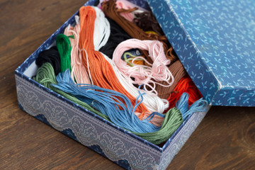 Skeins of colored embroidery thread in box