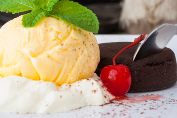 Chocolate fondant with vanilla ice cream and Cherry
