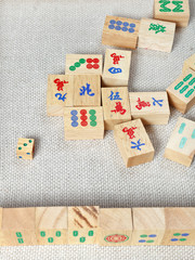 top view of wooden tiles of mahjong desk game