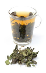 Dried nettle and cup of beverage on white background