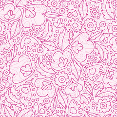 Vector pink flowers lineart seamless pattern background with