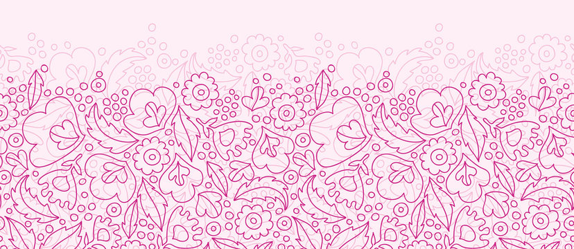 Vector pink flowers lineart horizontal seamless pattern