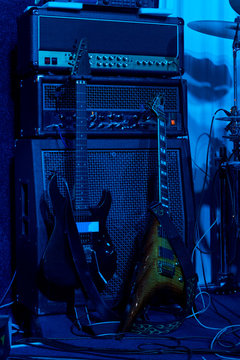 Two Electric Guitars Backstage At A Rock Concert