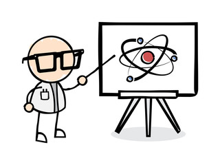 Scientist Pointing at Atom on Whiteboard