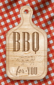 Poster with meat cutting brown wood board lettering BBQ for you 
