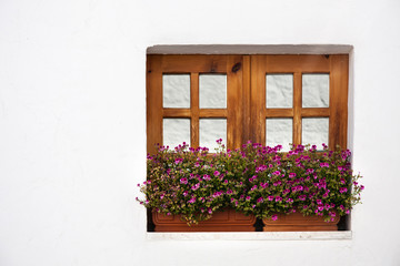 Fototapeta na wymiar wood window on white wall, Alberobello, Italy