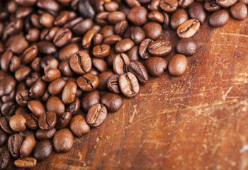 Closeup of coffee beans with focus