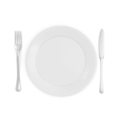 Empty white Plate with Fork and Knife isolated on white 