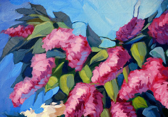 lilac flowers, painting by oil on canvas,  illustration