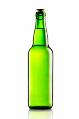 Green bottles of beer on a white background