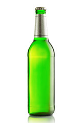 Green bottles of beer on a white background