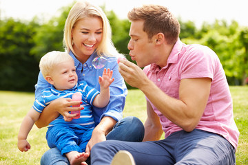 Fototapeta premium Parents Blowing Bubbles For Young Boy In Garden