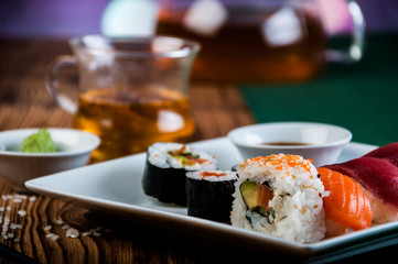 Japanese sushi on the old wooden table