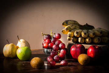 still life Fruits with Chinese pear,kiwi,Red apple,grapes and Cu