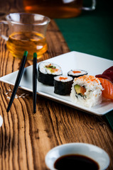 Healthy and tasty Japanese sushi with seafood