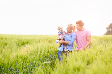 Family Walking In Field Carrying Young Baby Son