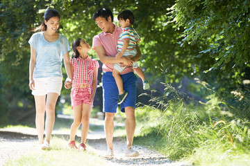 Asian Family Enjoying Walk In Countryside - obrazy, fototapety, plakaty