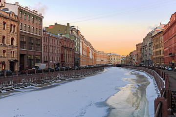 beautiful sunrise on the river Moika winter. St. Petersburg