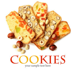 Biscotti with  nuts and candied fruits, isolated on white