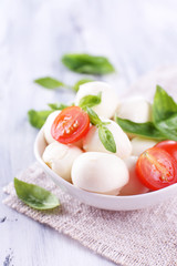 Tasty mozzarella cheese with basil and tomatoes in bowl,